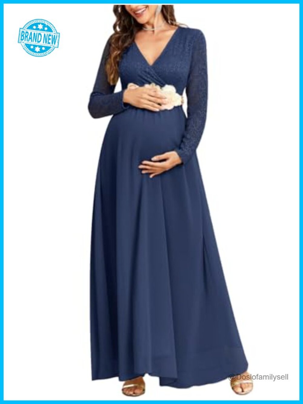 Maternity Wrap Maxi Dress Floral Lace Chiffon Long Sleeve V Neck Baby Shower